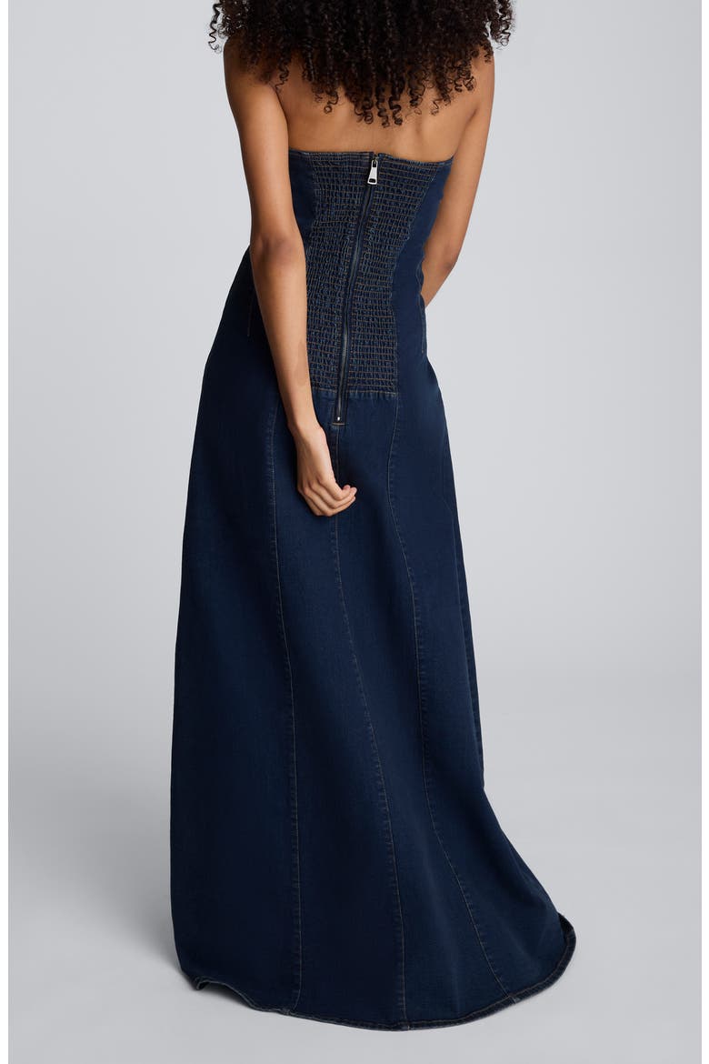 denim seamed maxi dress Stretch Denim Seamed Sleeveless Midi Fit And Flare Dress With Pockets