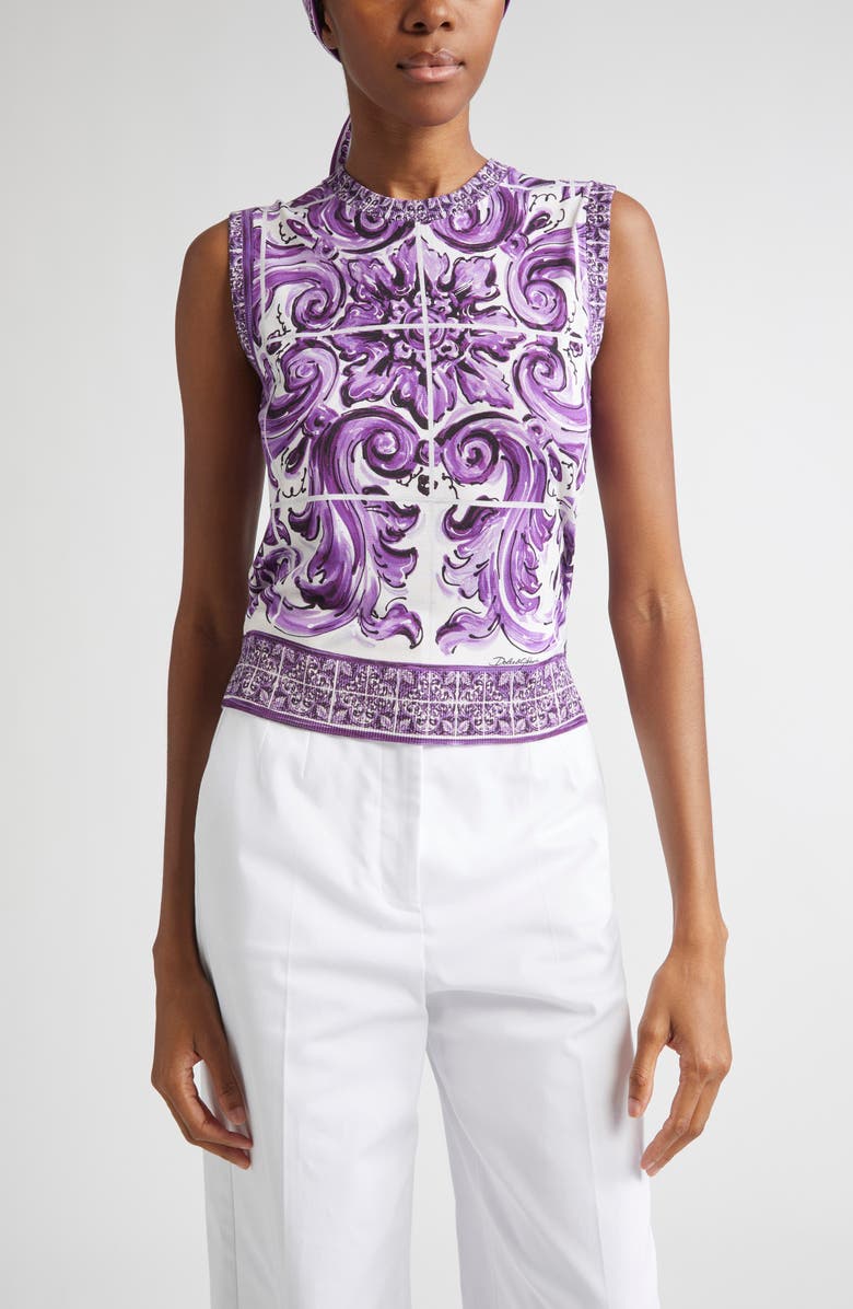 Dolce&Gabbana Majolica Print Silk Sweater, Main, color, H25dq Maiolica 1L Viola