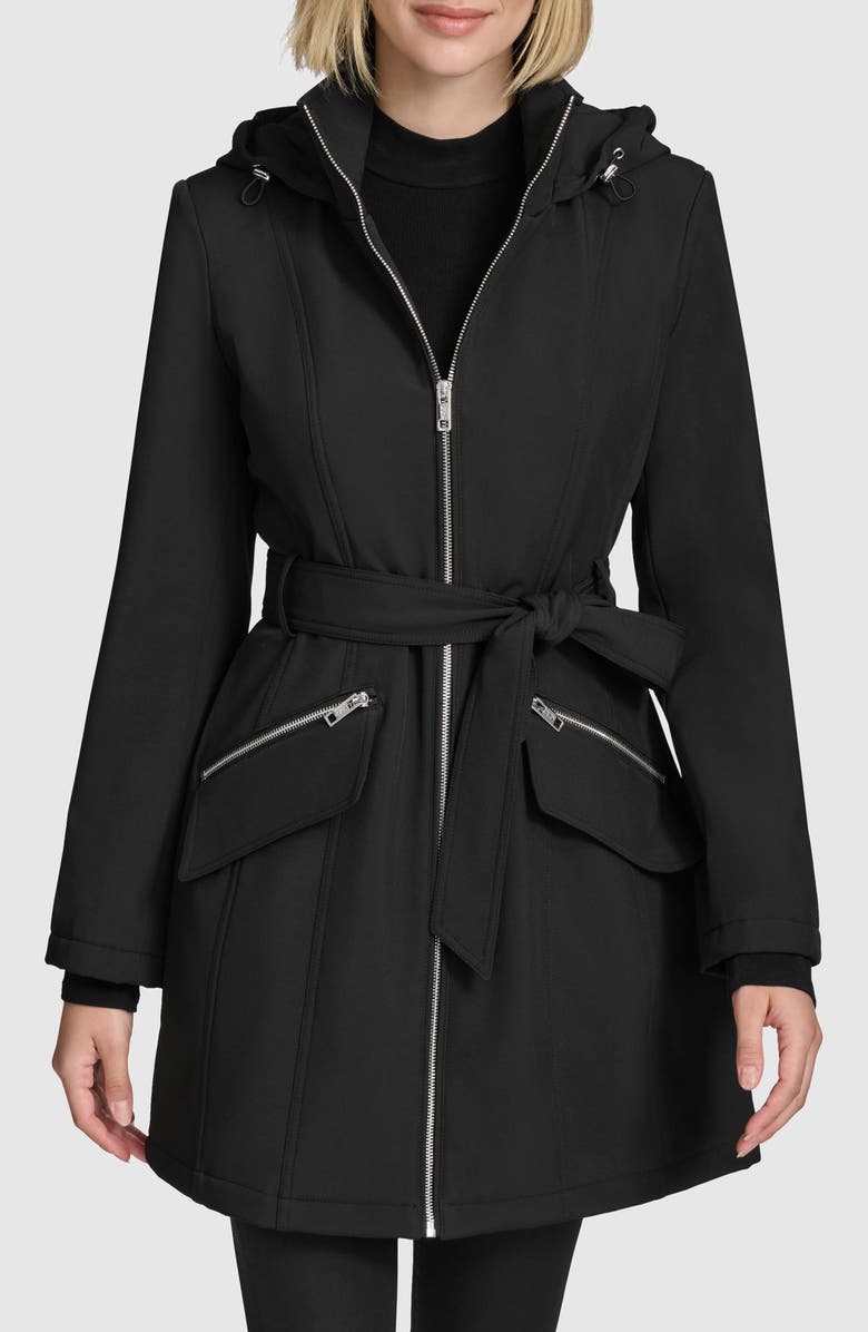 Andrew Marc Quinn Water Resistant Belted Trench Coat, Main, color, Black