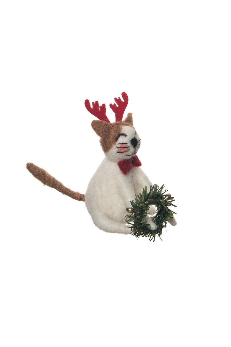 Cat Reindeer W/wreath Figurine, Main, color, White