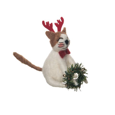 Cat Reindeer W/wreath Figurine