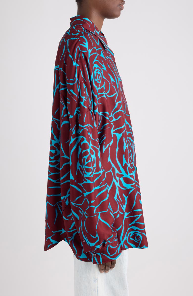Dries Van Noten Casia Giant Couture Rose Print Satin Button-Up Shirt, Alternate, color, Burgundy