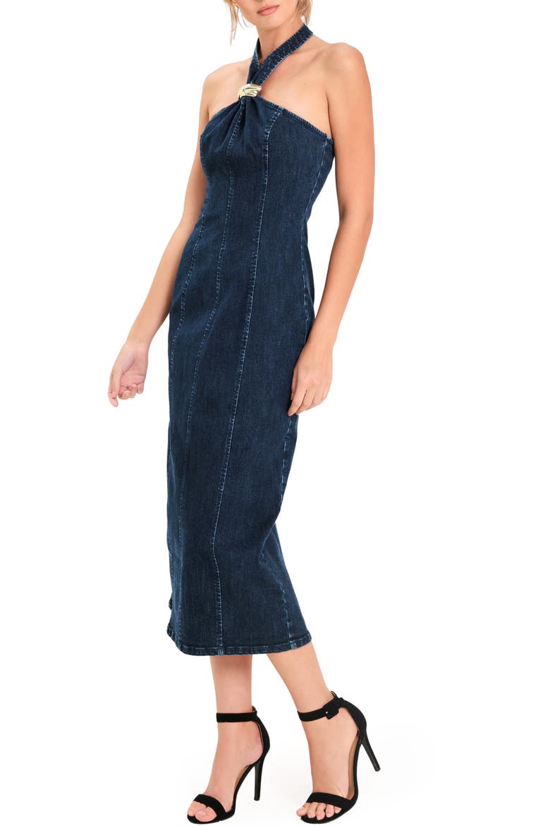 Halter Neck Denim Midi Dress, Alternate, color, DARK INDIGO