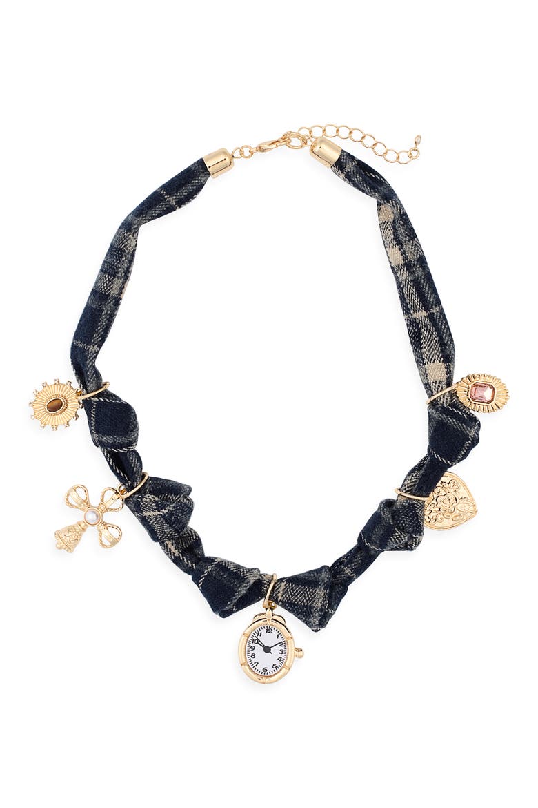 Flannel Watch Charm Necklace, Main, color, BLUE MULTI- GOLD