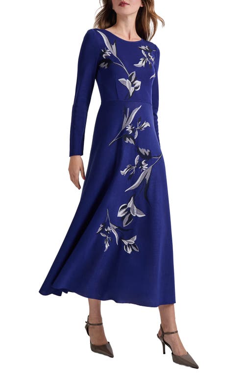 Misook Floral Embroidery Long Sleeve A-Line Dress in Starry Night Blue 