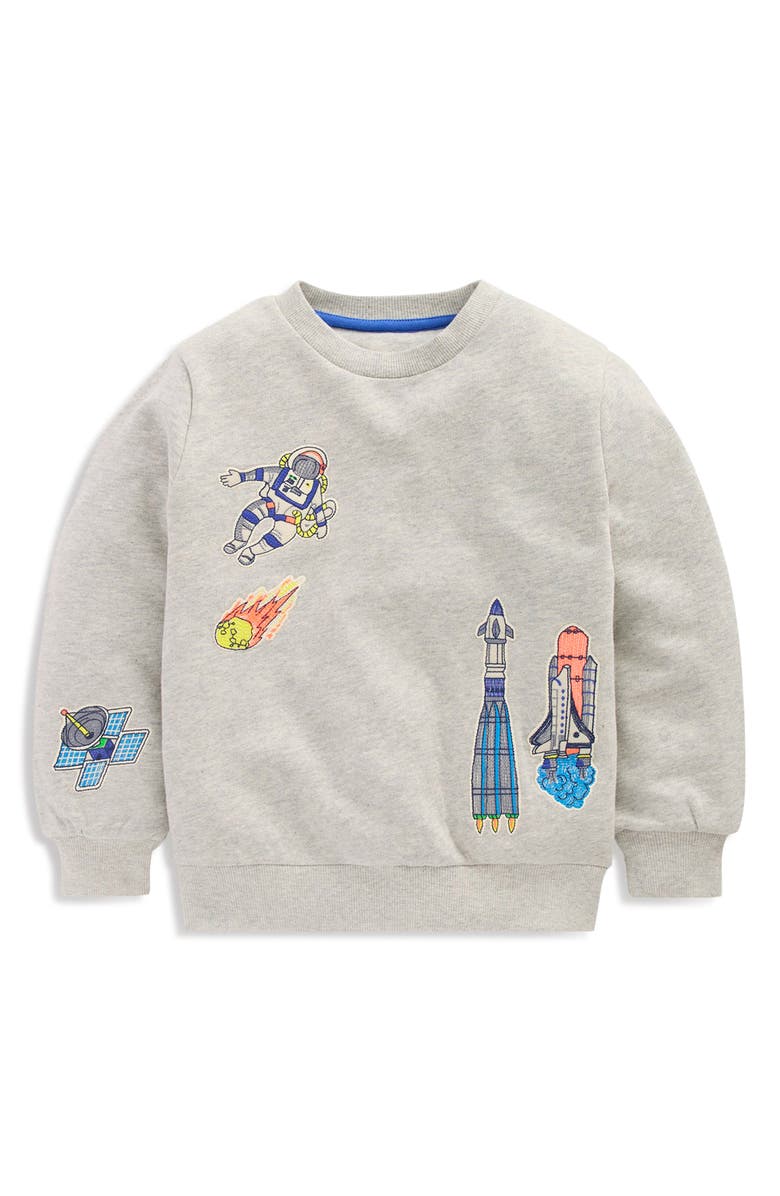 Mini Boden Kids' Badge Appliqué Sweatshirt, Main, color, Grey Marl Space