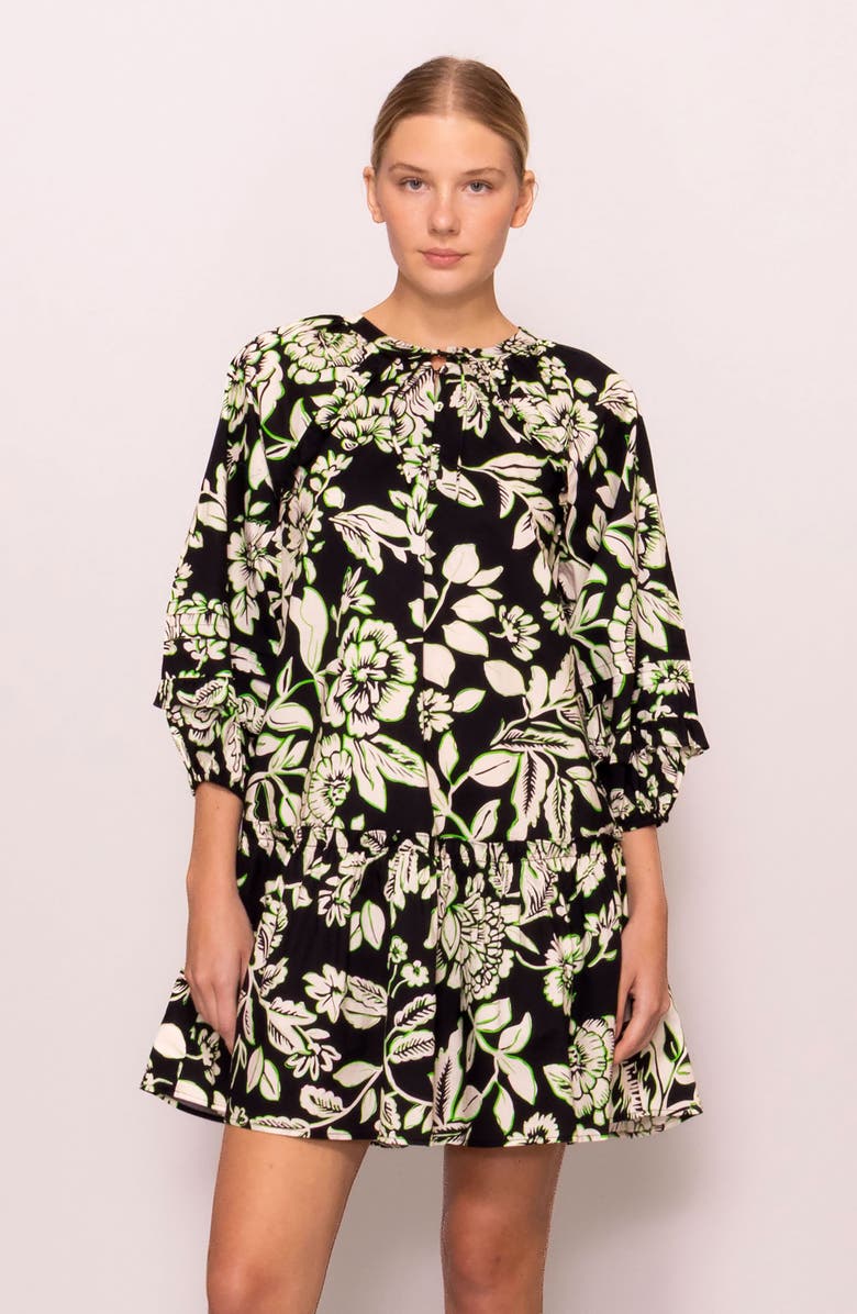 MELLODAY Floral Balloon Sleeve Babydoll Minidress, Alternate, color, Black Ivory