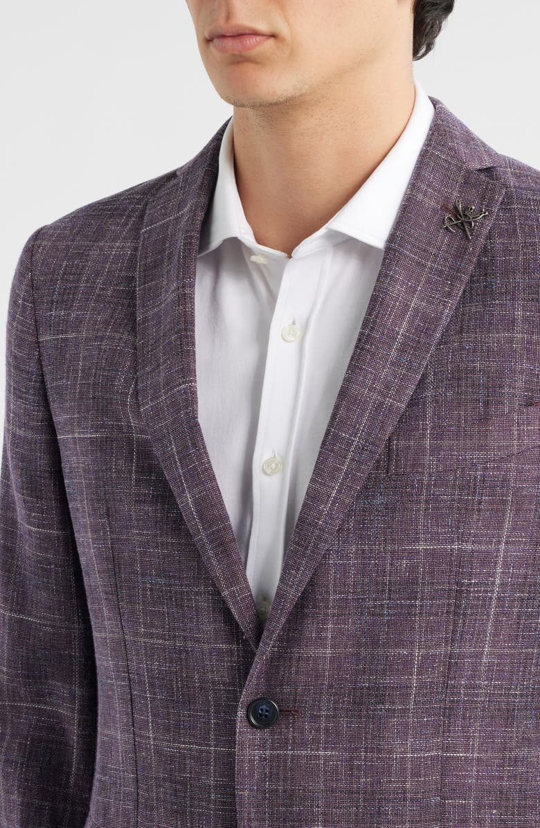 John Varvatos Star USA Varick Slim Fit Purple Check Slub Wool & Cotton Blend Sport Coat, Alternate, color, Burgundy