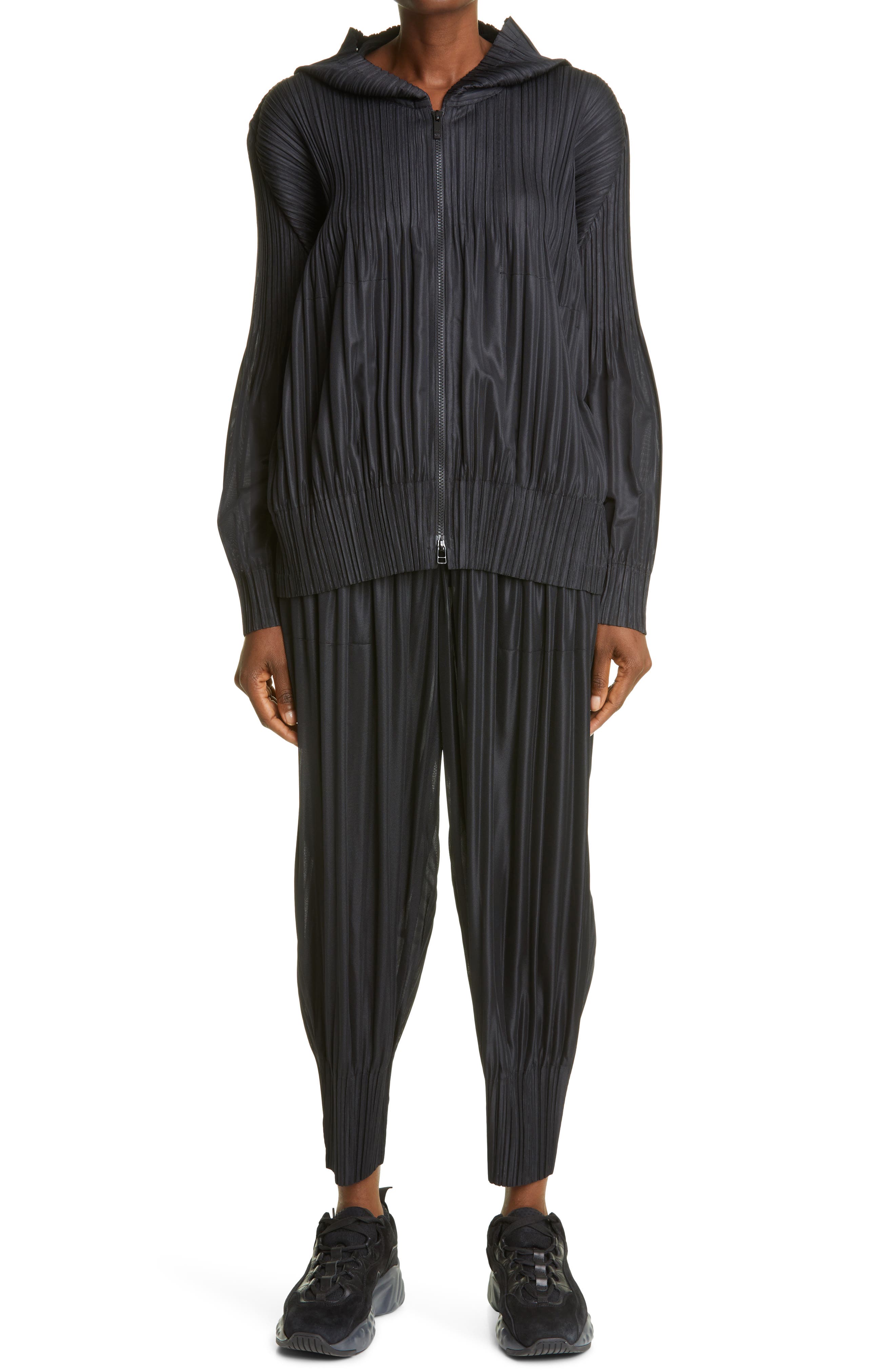 Pleats Please Issey Miyake Pleated Zip Front Hoodie (Women