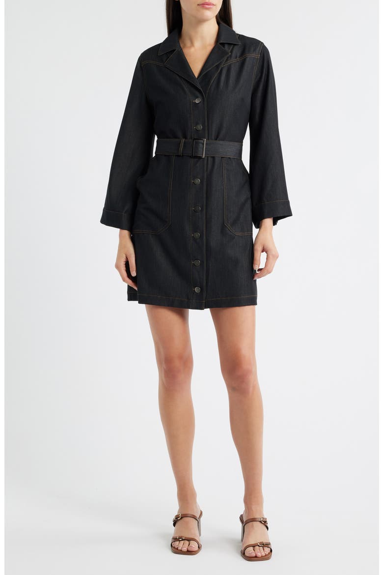 Franny Long Sleeve Denim Mini Shirtdress, Main, color, BLACK