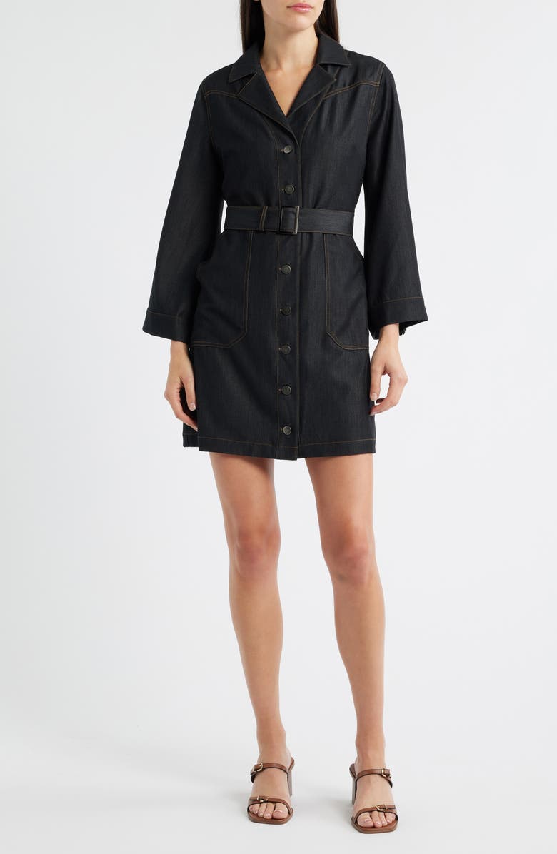 CIEBON Franny Long Sleeve Denim Mini Shirtdress, Main, color, Black