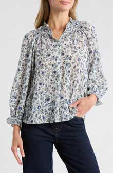 MAX STUDIO Ruffle Collar Puff Shoulder Top