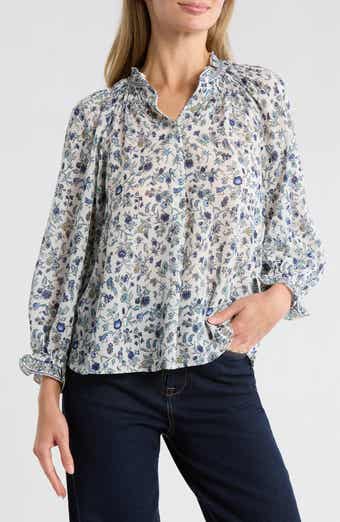 MAX STUDIO Ruffle Collar Puff Shoulder Top