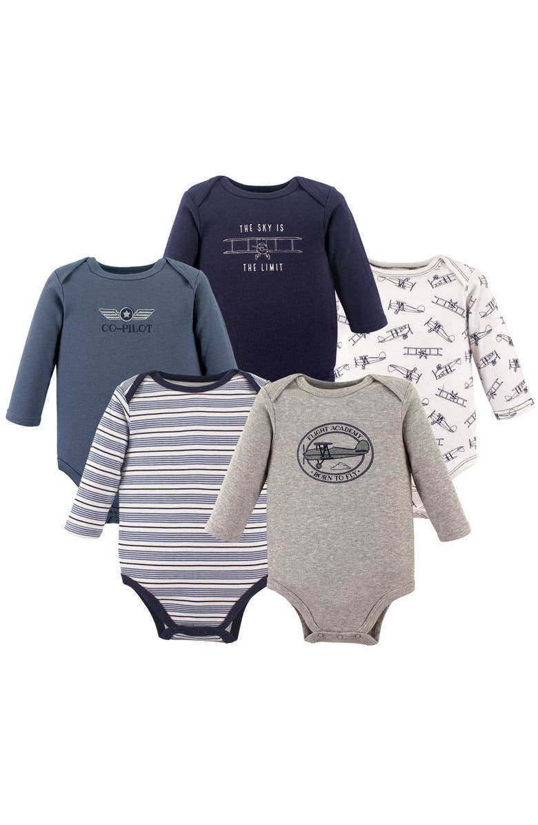 Hudson Baby Five-Piece Collection of Long-Sleeve Cotton Bodysuits, Main, color, Aviation