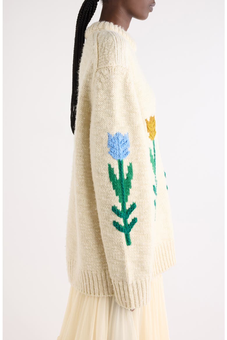 Intarsia Tulip Oversize Wool Sweater, Alternate, color, COCONUT MILK