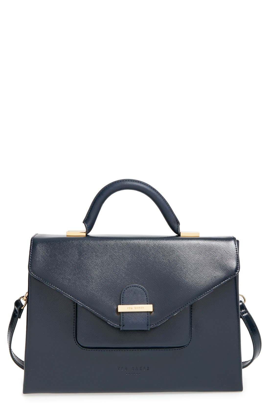 'Large' Faux Leather Tote, Main, color, NAVY