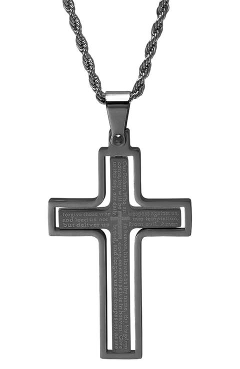 Black IP Stainless Steel Lord's Prayer Engraved Cross Pendant Necklace