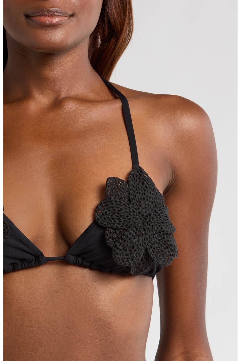 Fleur Triangle String Bikini Top, Alternate, color, JET BLACK
