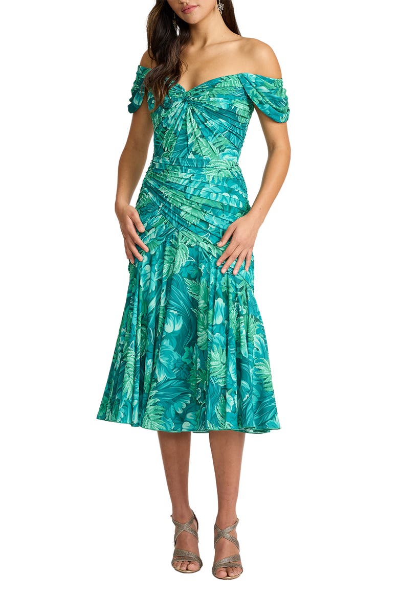 Floral Off the Shoulder Cocktail Midi Dress, Main, color, EMERALD GREEN/ MULTI