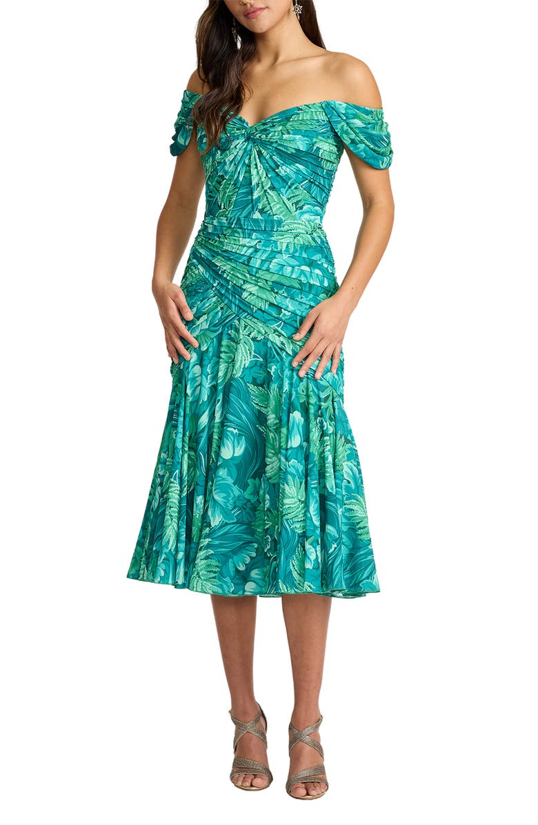 Tadashi Shoji Floral Off the Shoulder Cocktail Midi Dress, Main, color, Emerald Green/ Multi