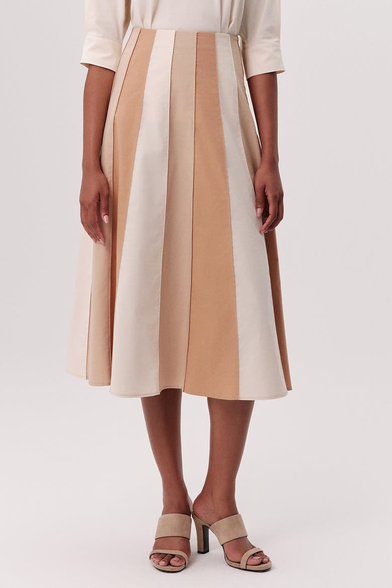 Nikki High Waisted Paneled Flared Midi Skirt, Alternate, color, Beige