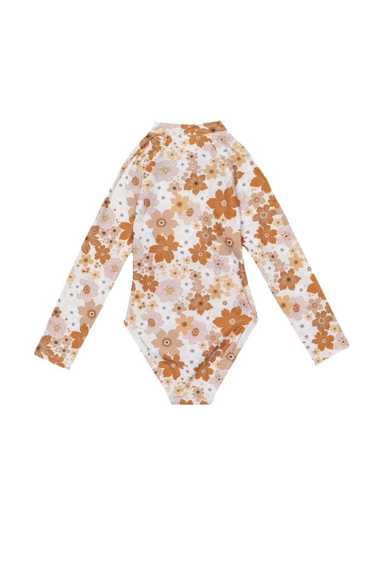 Nostalgic Bloom Long Sleeve Zip Front One Piece Swimsuit, Alternate, color, Brown-Haze