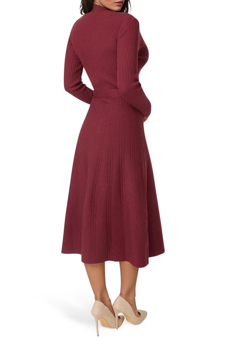 bebe Surplice V-Neck Fit & Flare Sweater Dress, Alternate, color, Wine
