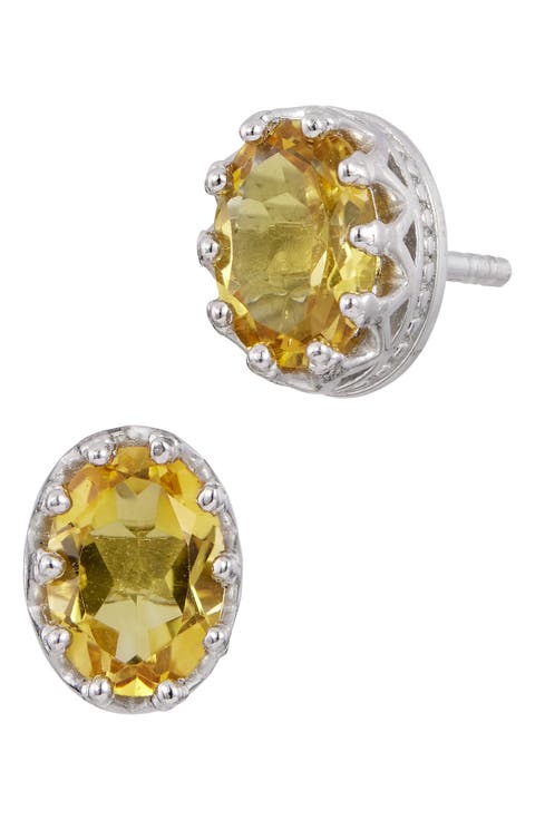Rhodium Plated Sterling Silver Oval Semiprecious Stone Stud Earrings