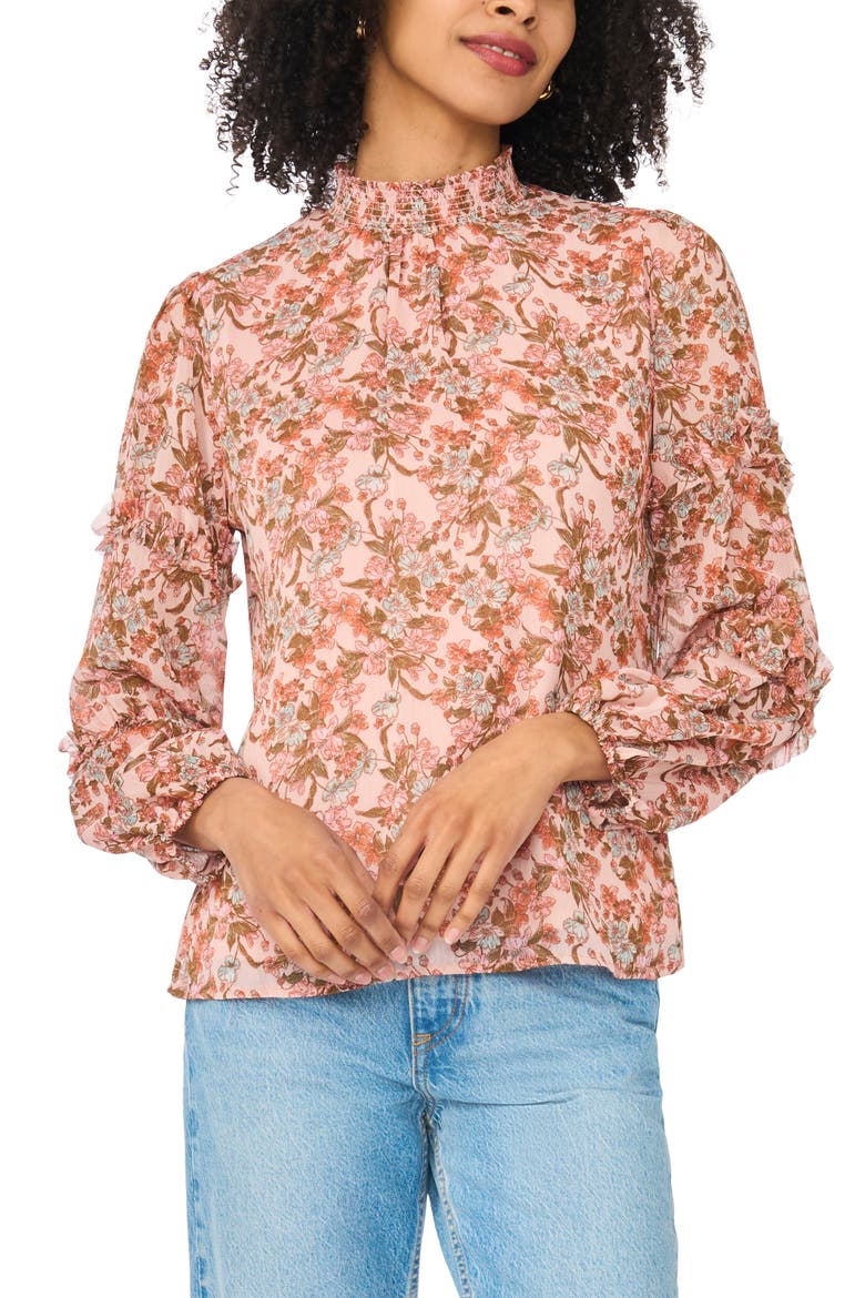 Floral Print Ruffle Top, Main, color, SAND/ RUST