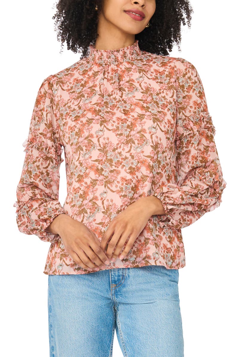 Chaus Floral Print Ruffle Top, Main, color, Sand/ Rust