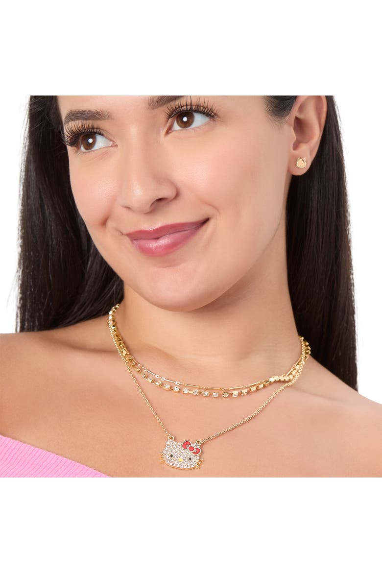 Double Chain Necklace with Crystal Embellished Charm, Alternate, color, Gold Tone