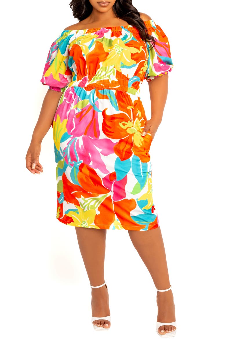 BUXOM COUTURE Floral Print Off the Shoulder Bow Back Dress, Main, color, White Multi