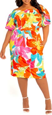 BUXOM COUTURE Floral Print Off the Shoulder Bow Back Dress