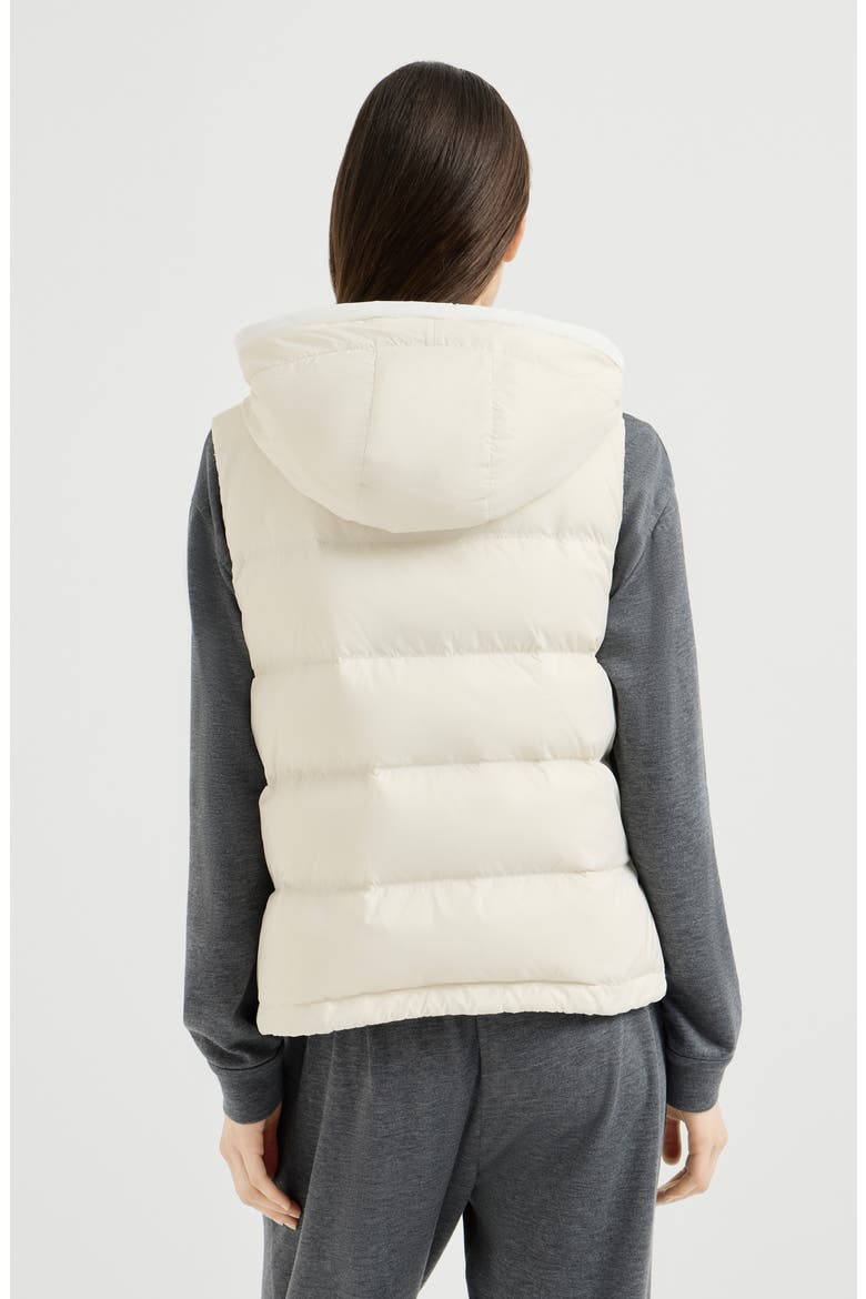 Lightweight matte nylon down vest with hood and shiny trim, Alternate, color, Milk
