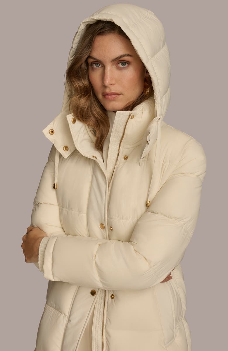 Donna Karan New York Hooded Ribbed Trim Puffer Jacket, Alternate, color, Cream