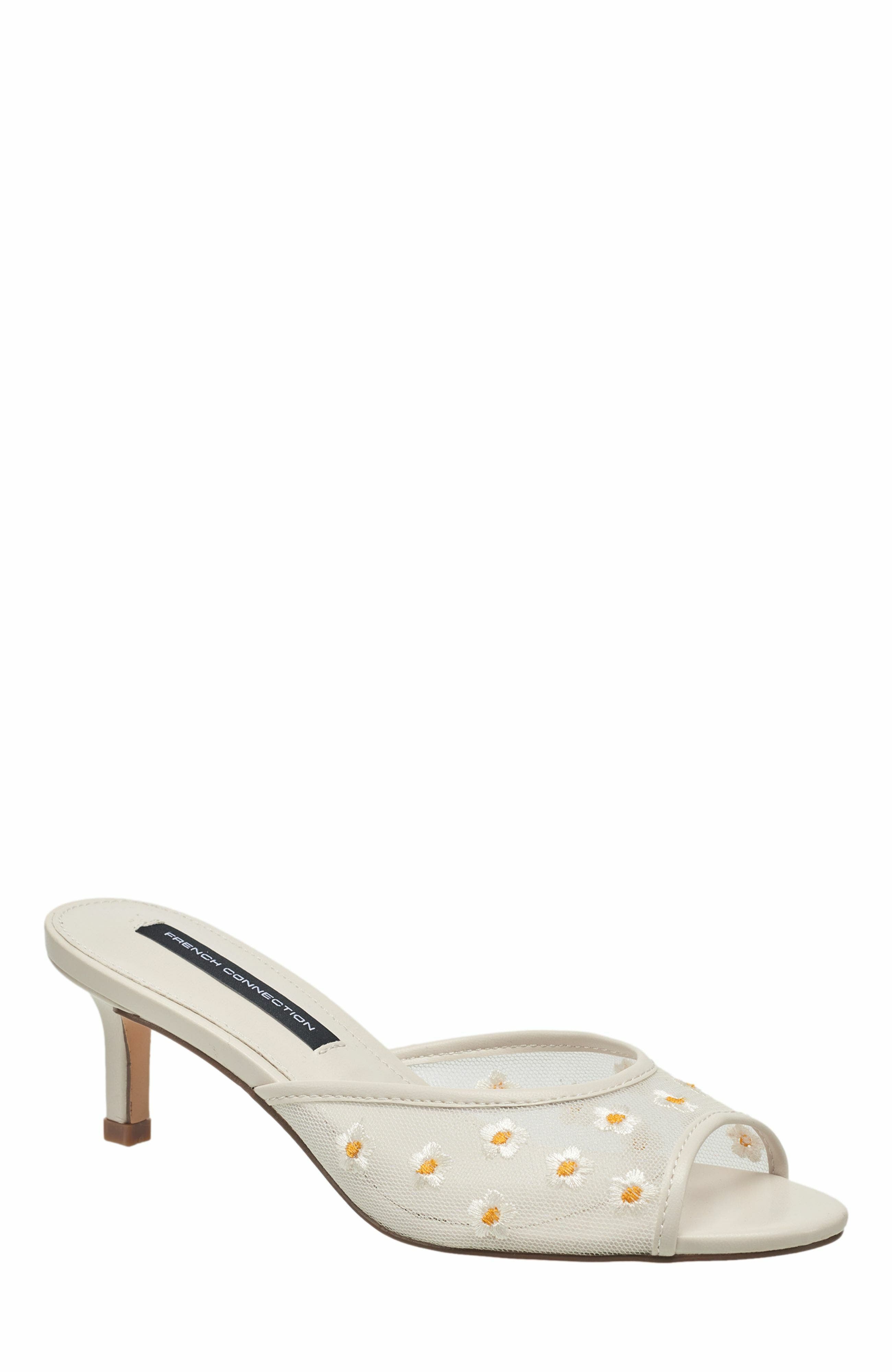 French Connection Nancy Mesh Embroidered Kitten Heel, Main, color, White