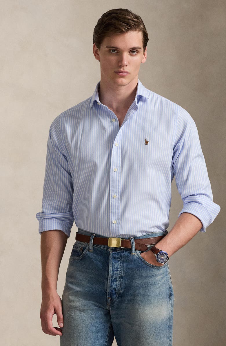 Polo Ralph Lauren Classic Fit Stripe Stretch Cotton Button-Up Oxford Shirt, Alternate, color, Blue White