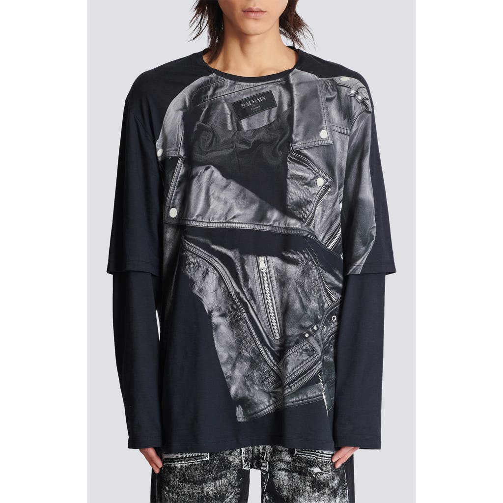 Shop Balmain Layered Leather Trompe L'oeil Long Sleeve Graphic T-shirt In 0pa Black