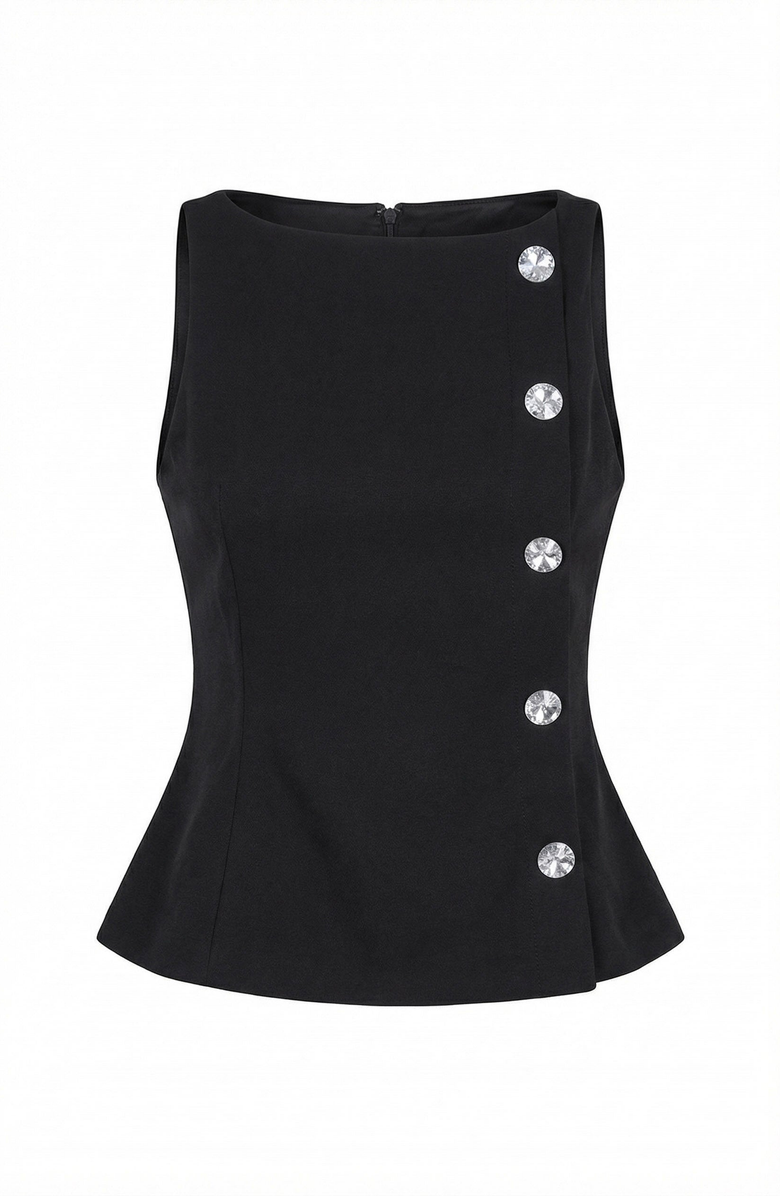 Modenaire Sleeveless Asymmetrical Button Structured Top, Alternate, color, Black