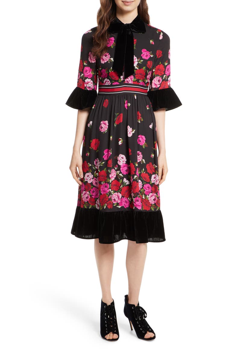 scattered rose velvet trim silk dress, Main, color, BLACK MULTI