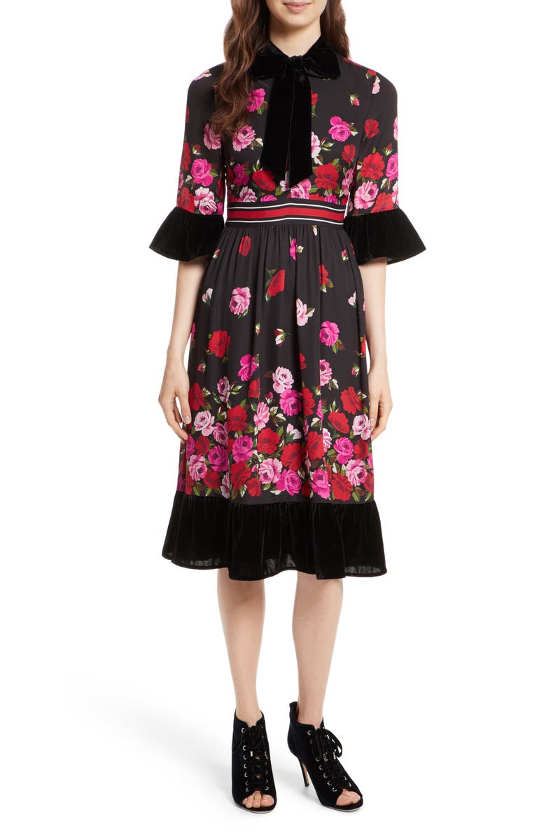 Kate Spade New York scattered rose velvet trim silk dress, Main, color,