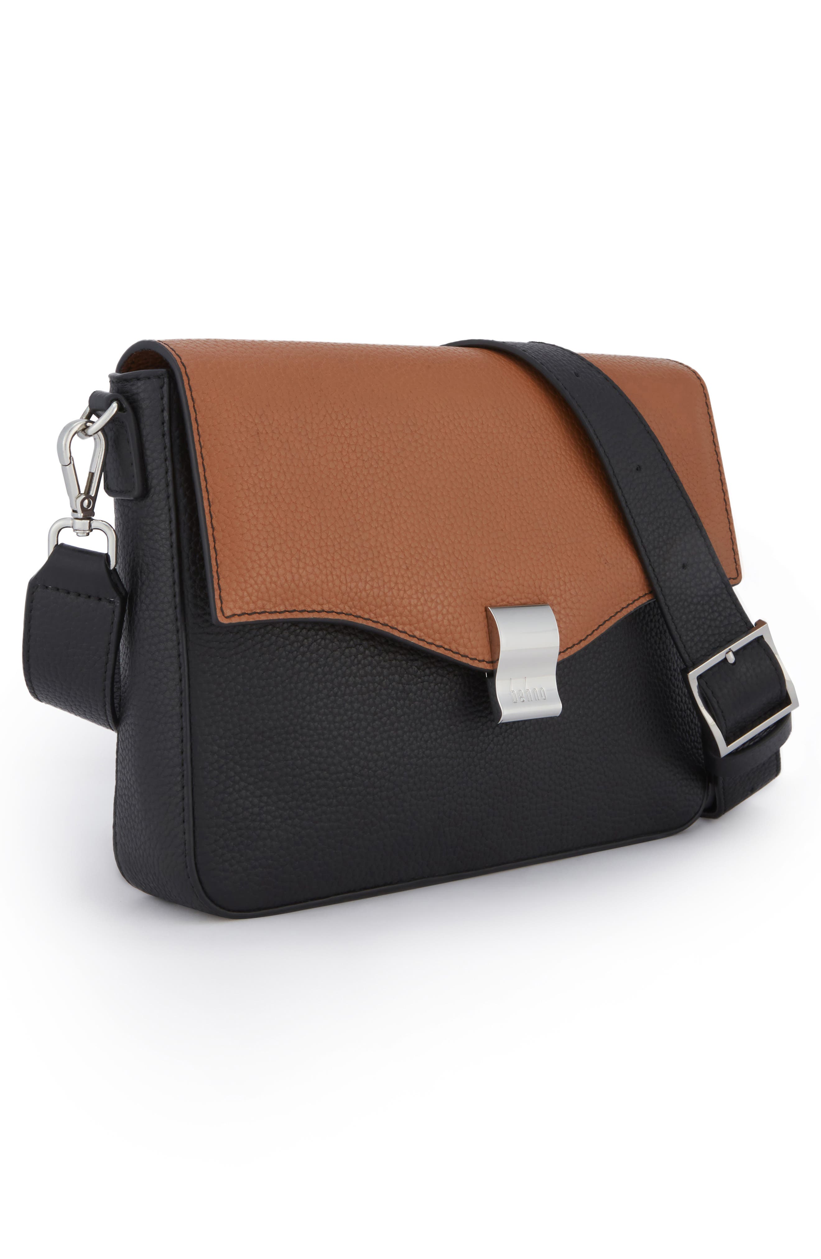 Leather Slouchy Flap Crossbody Bag, Alternate, color, TAN/ BLACK