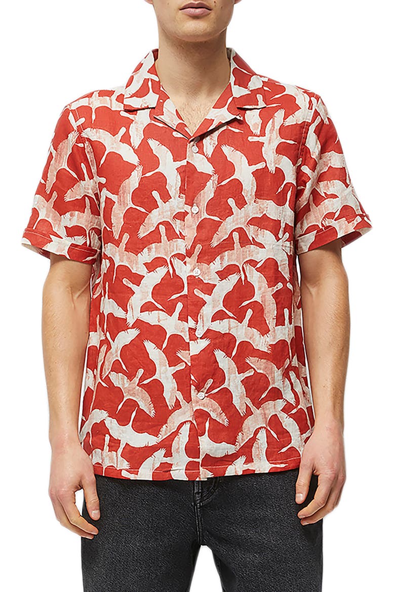Calavie Bird Print Short Sleeve Button-Up Camp Shirt, Main, color, TIGERLILY ORANGE MULTI