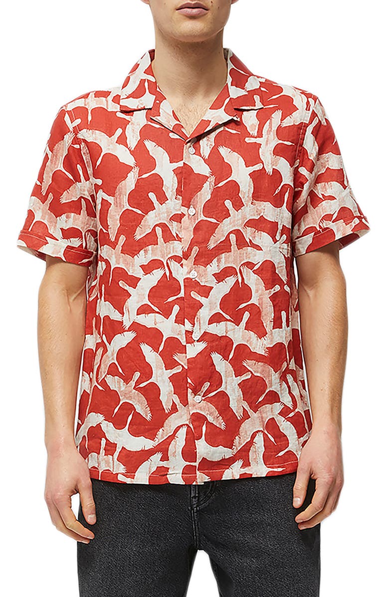French Connection Calavie Bird Print Short Sleeve Button-Up Camp Shirt, Main, color, 