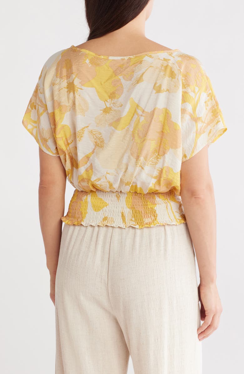 Renee C Floral Short Sleeve Smocked Hem Crop Top, Alternate, color, Taupe/ Yellow