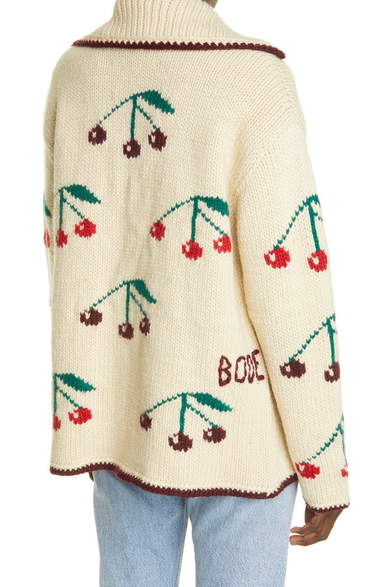 Bode Cherry Intarsia Merino Wool & Mohair Cardigan, Alternate, color, Natural