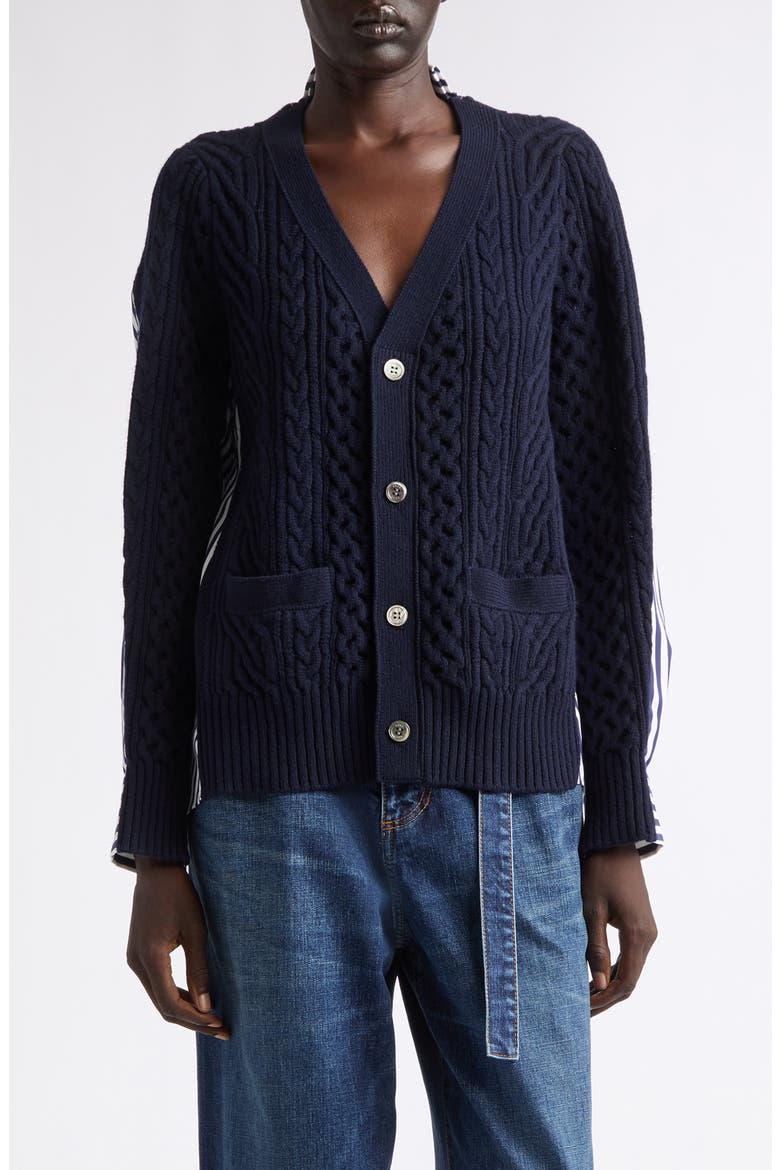 Mixed Media Wool Cable & Poplin Shirt Cardigan, Main, color, NAVY/ NAVY STRIPE