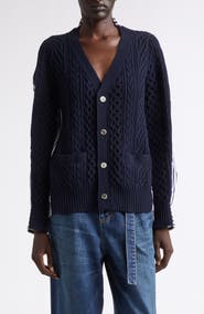 Sacai Mixed Media Wool Cable & Poplin Shirt Cardigan