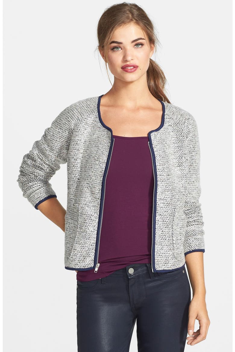 Front Zip Collarless Jacket, Main, color, HEATHER GREY TWEED
