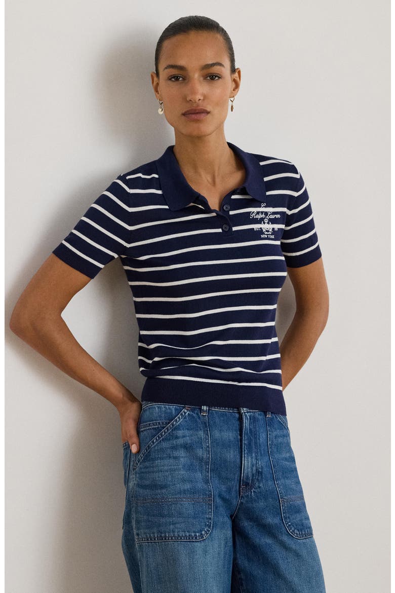 Stripe Cotton Blend Polo Top, Alternate, color, REFINED NAVY BLUE/ WHITE
